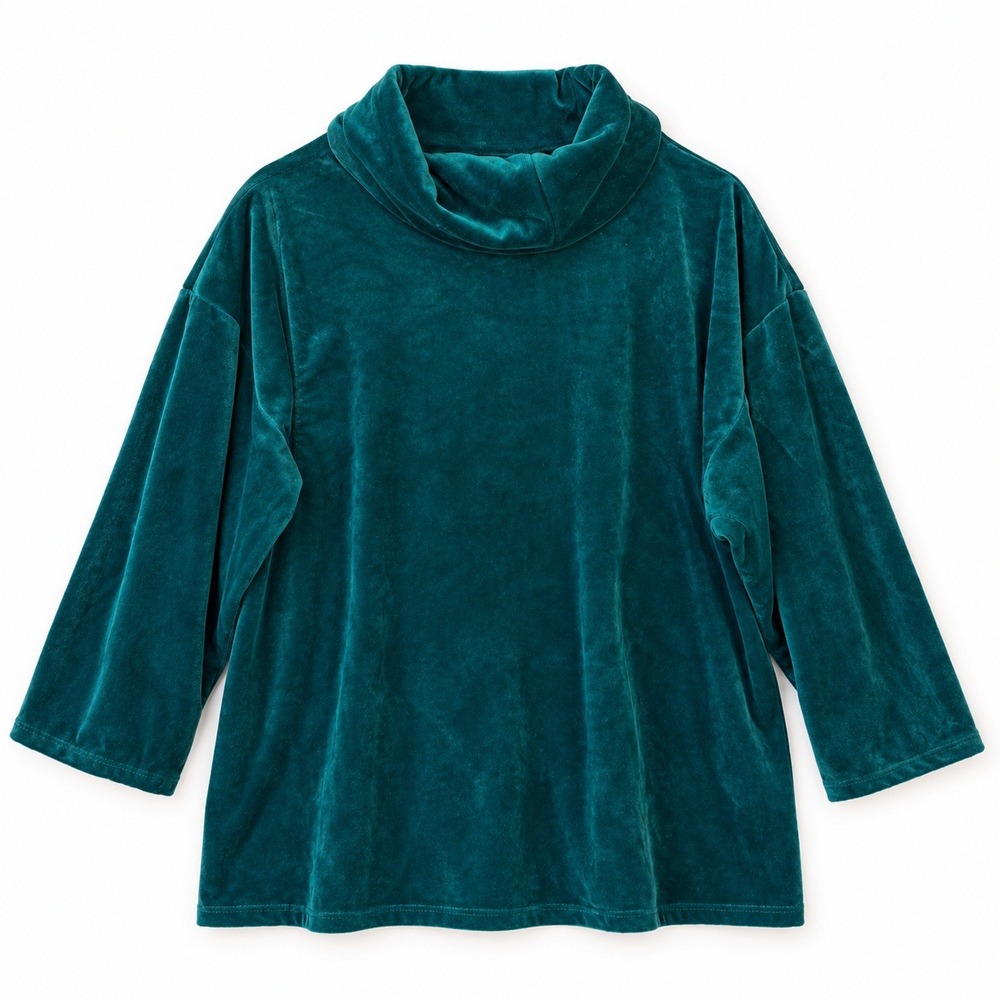 Vtg 90s Teal Green Velour Velvet Cowl Neck Tunic Relaxed Fit Drop Shoulder
